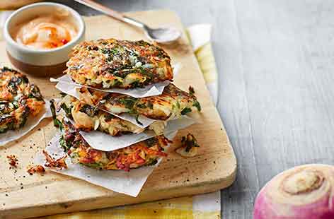 Image of "Turnip and kale rostis with chilli mayo"
