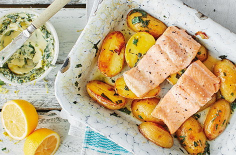 Image of "Roast trout and new potatoes with herb butter"