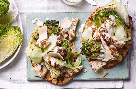 Image of "Grilled chicken Caesar salad with herby flatbreads"