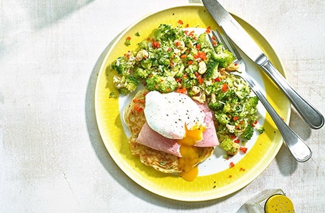 Broccoli fritters with ham, egg and broccoli chilli slaw