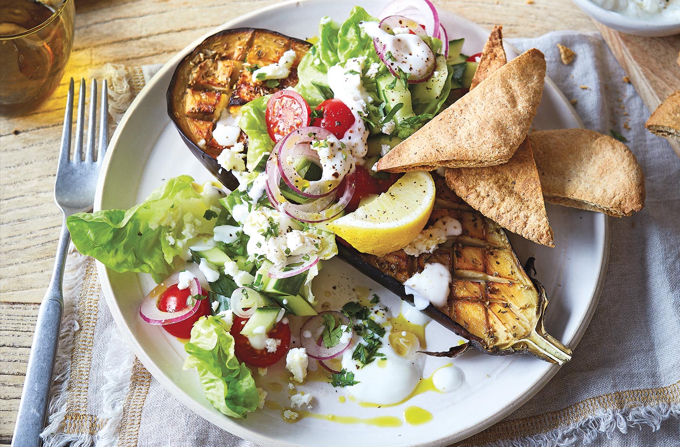 Aubergine 'steaks' with Greek salad & pitta chips