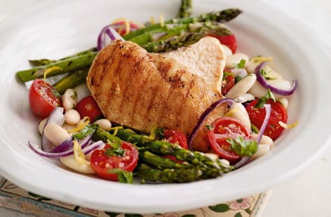 Image of "Griddled chicken and asparagus with white bean salad"