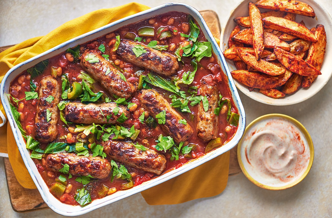 Cowboy beans and sausage traybake