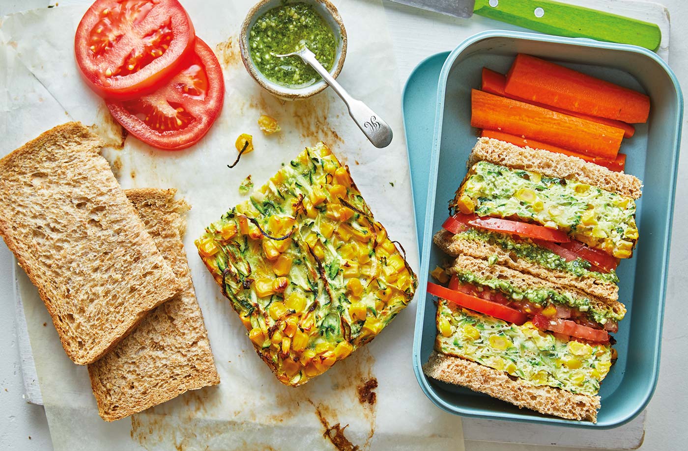 Sweetcorn and courgette frittata sandwiches