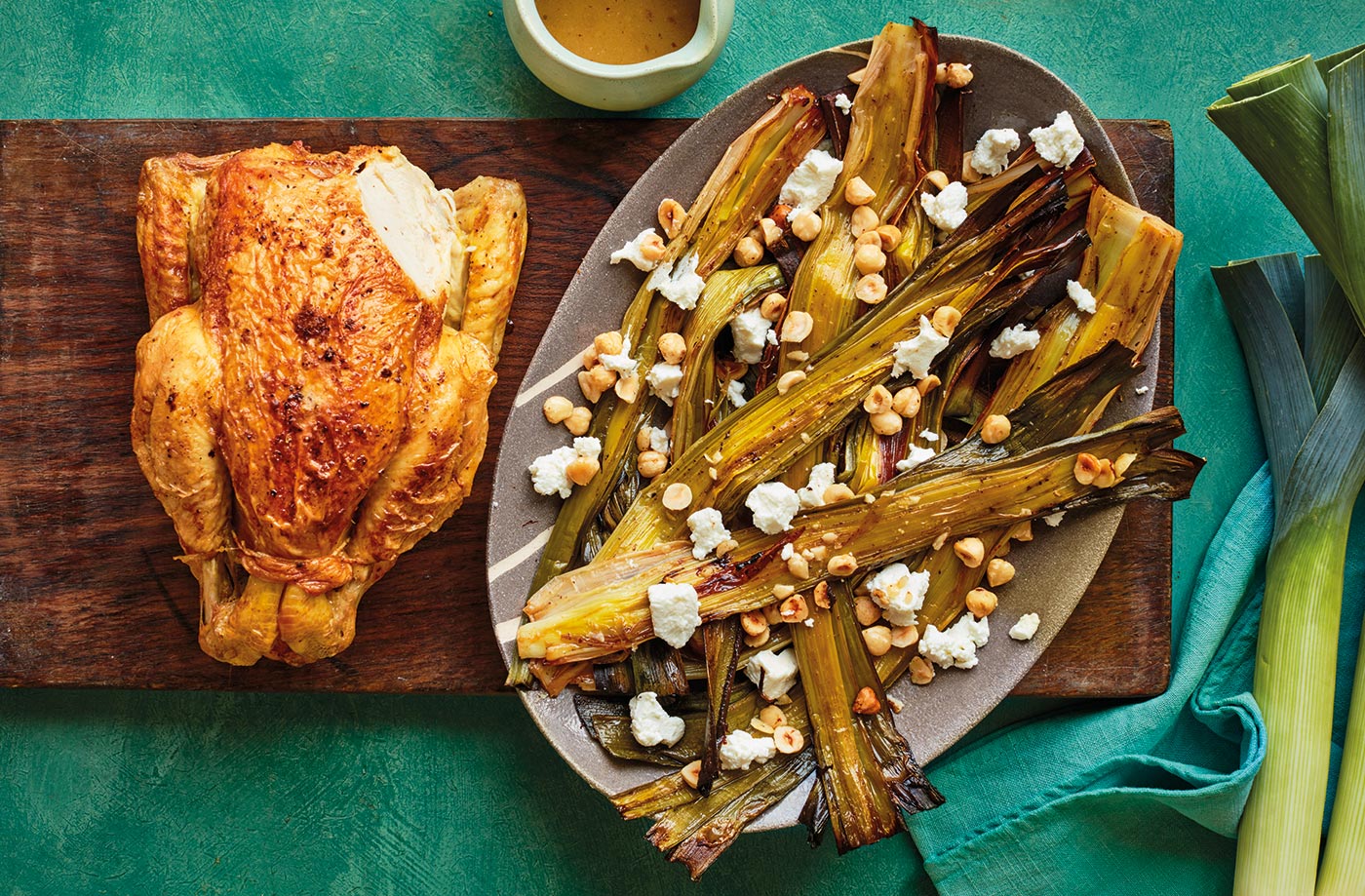 Roast chicken with caramelised leeks & goat's cheese