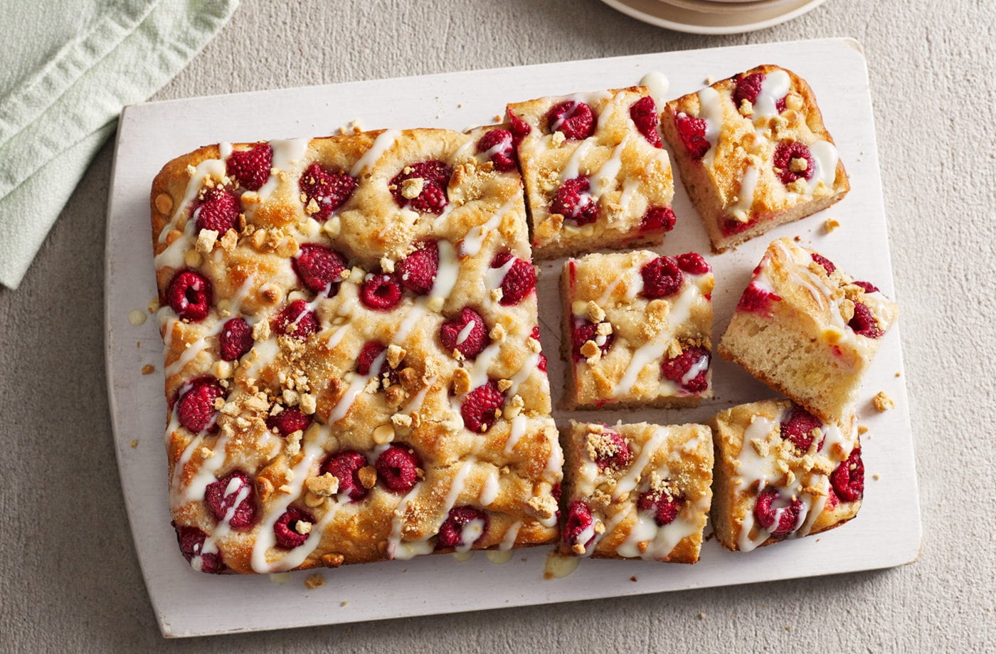 No-knead white chocolate and raspberry cheesecake focaccia