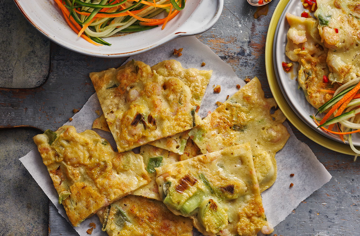 Prawn and leek pancakes