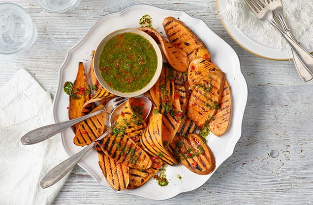 Griddled sweet potatoes with herby dip