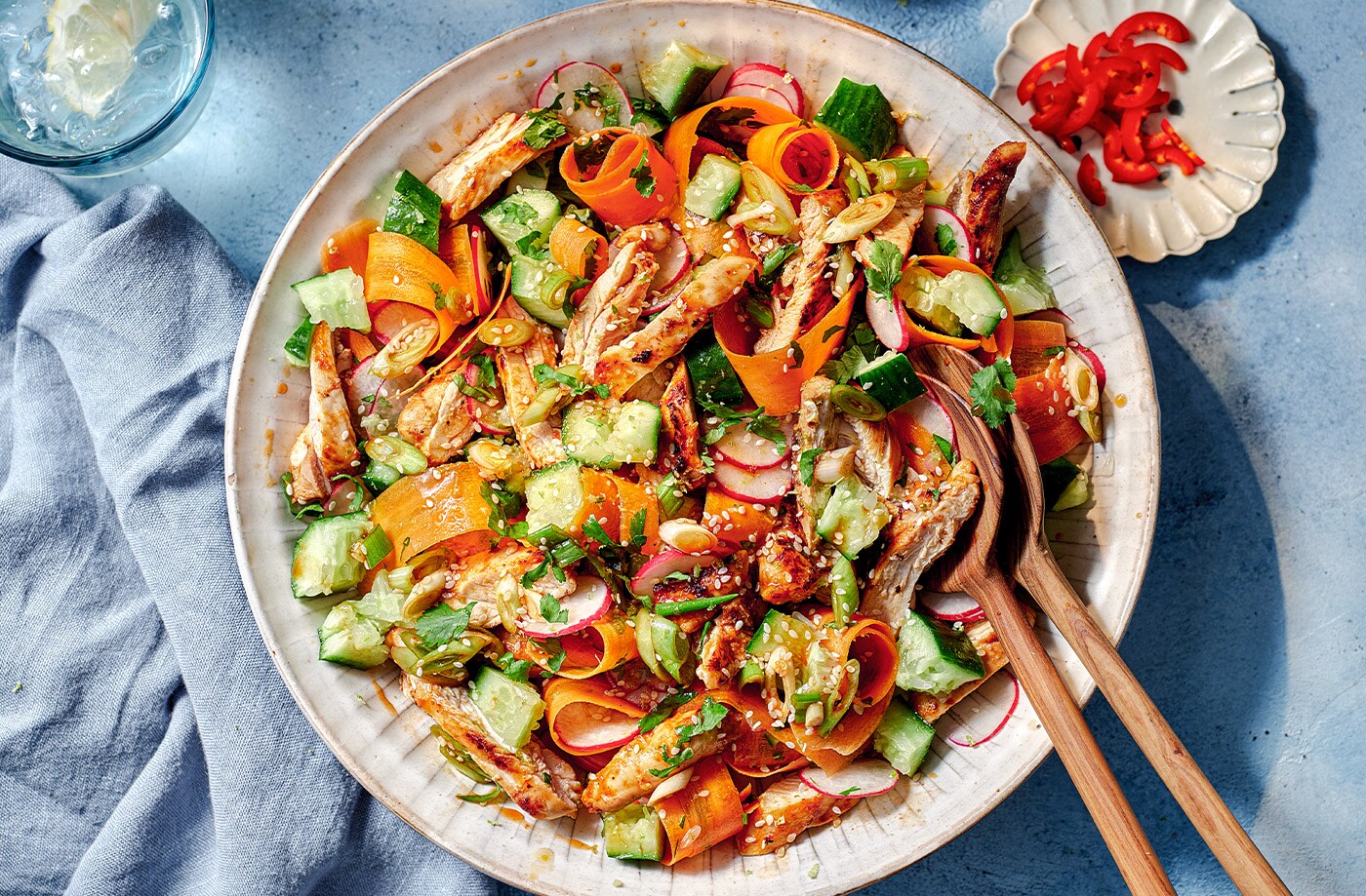 Smashed cucumber and bang bang chicken salad