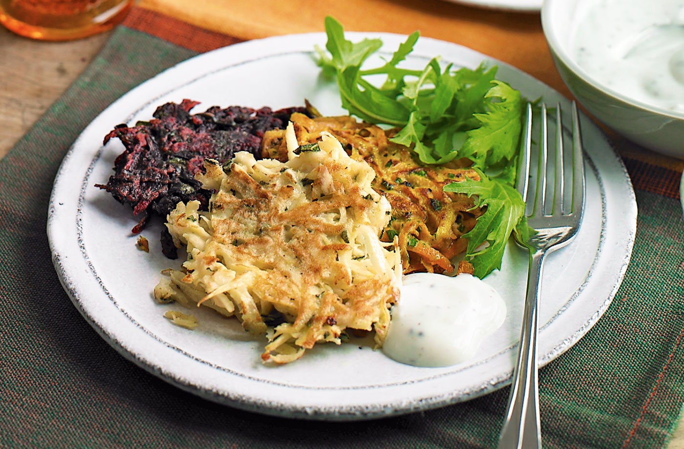 Root veg fritters with honey and mustard dip