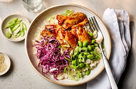 Image of "Scott’s chicken teriyaki rice bowl with beetroot and cabbage slaw"