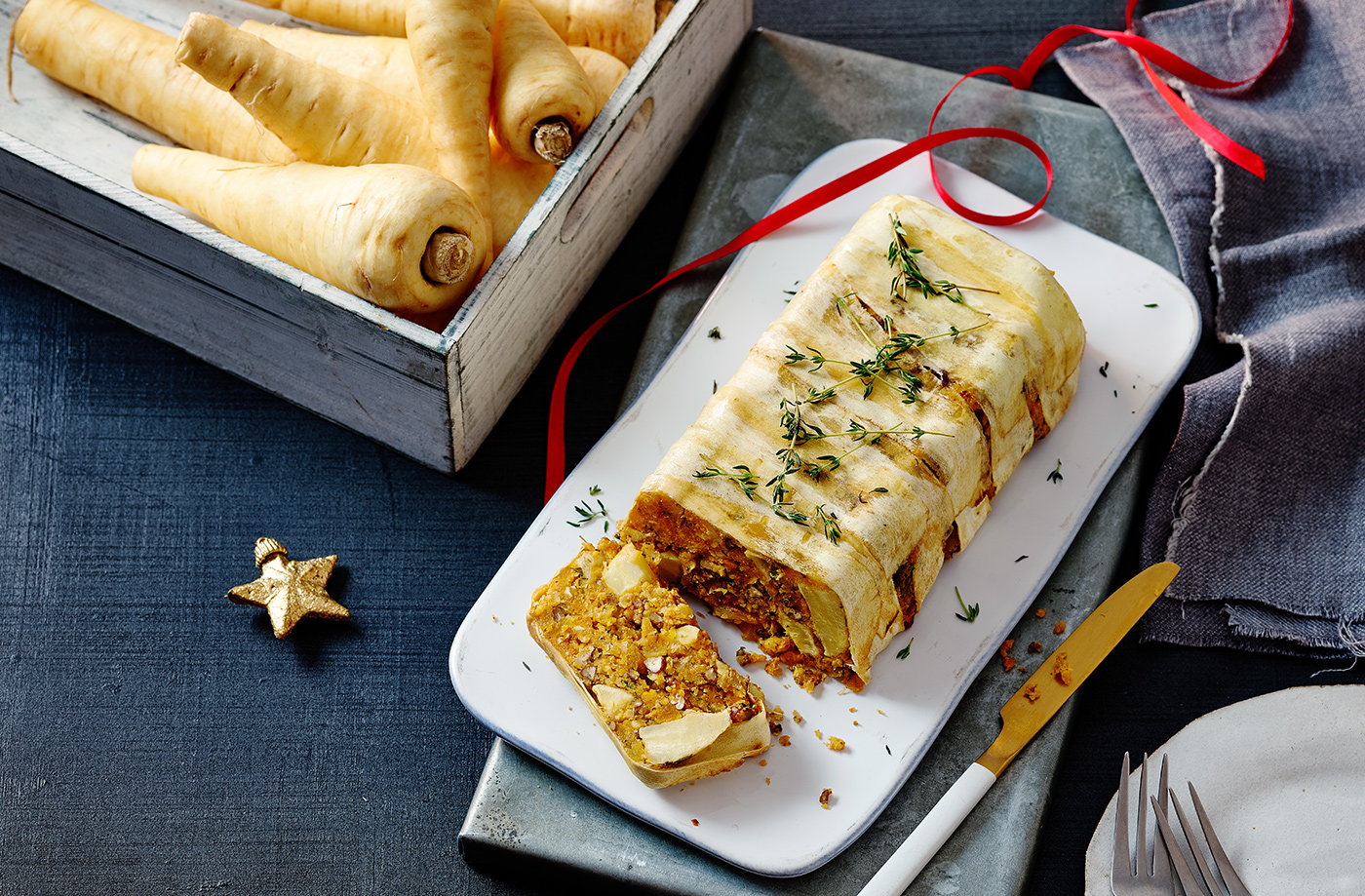 Parsnip, chickpea and apricot nut roast