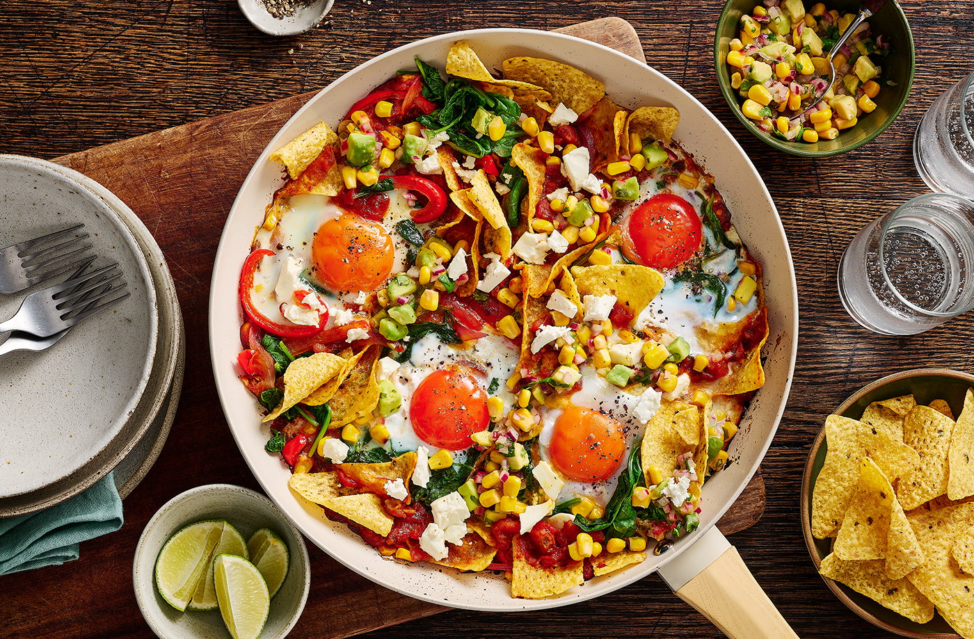 Mexican-style baked eggs with tortilla chips