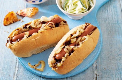 Image of "Honey-mustard hot dogs with apple slaw and paprika wedges"