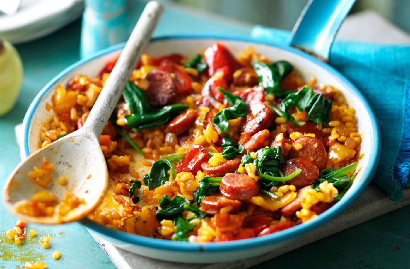 Chorizo and spinach paella