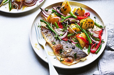 Image of "Grilled sea bass fillets with Mediterranean potato salad"