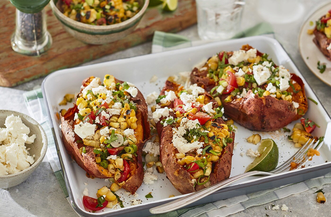 Sweet 'n' smoky jackets with corn salsa