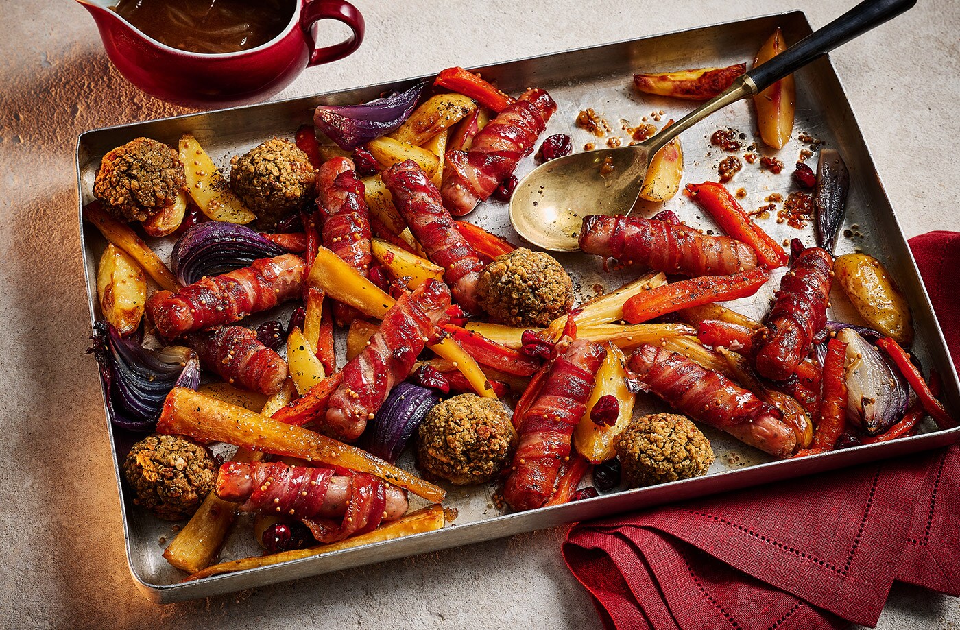 Jade Greenhalgh's sticky maple pigs in blankets traybake