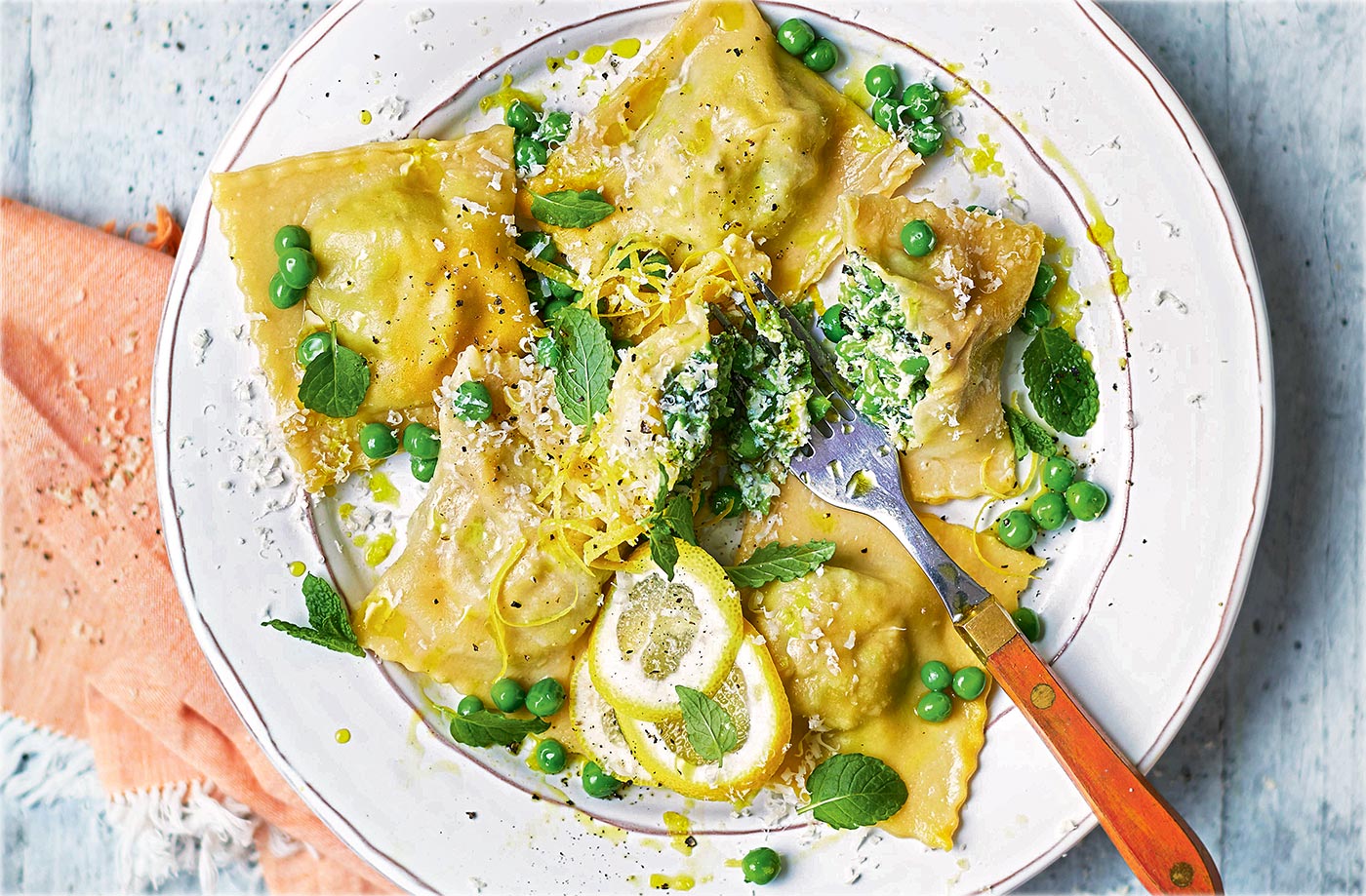 Ricotta, pea and mint ravioli