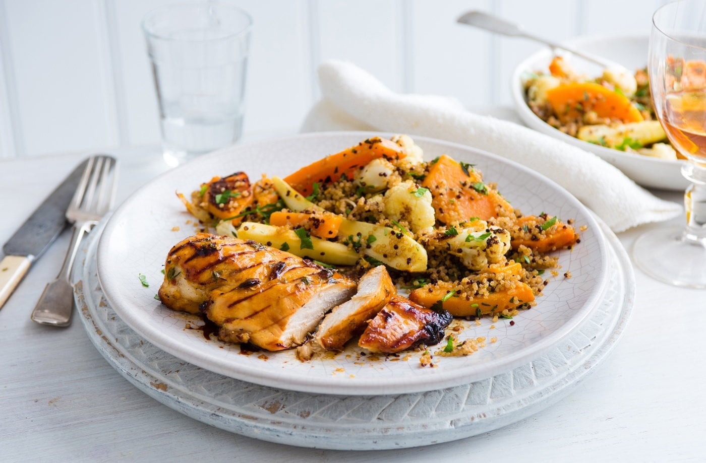 Sticky chicken with winter veg quinoa