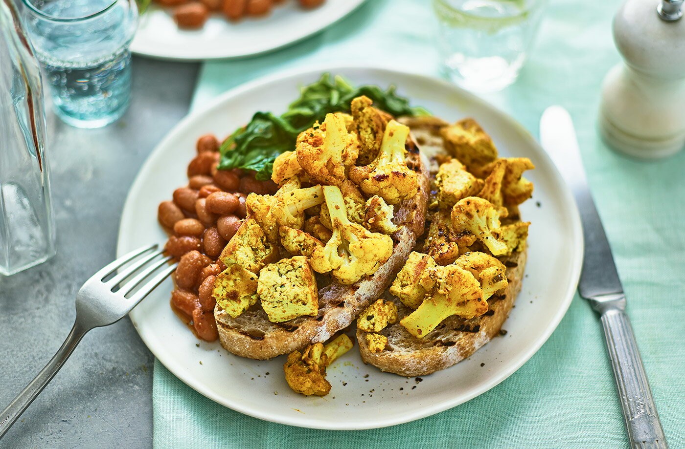 Cauliflower and tofu scramble with quick baked beans on toast