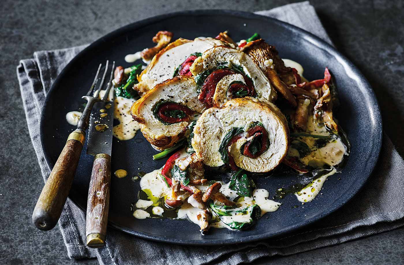 Stuffed chicken with wild mushroom and brandy sauce