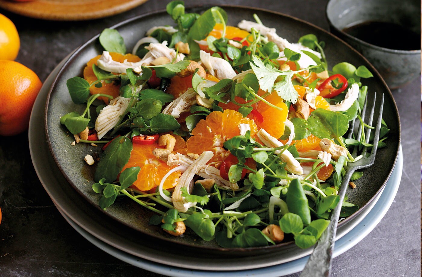 Shredded chicken and clementine salad with sweet soy dressing