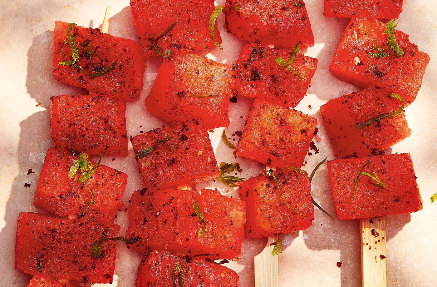 Watermelon skewers with chilli and lime