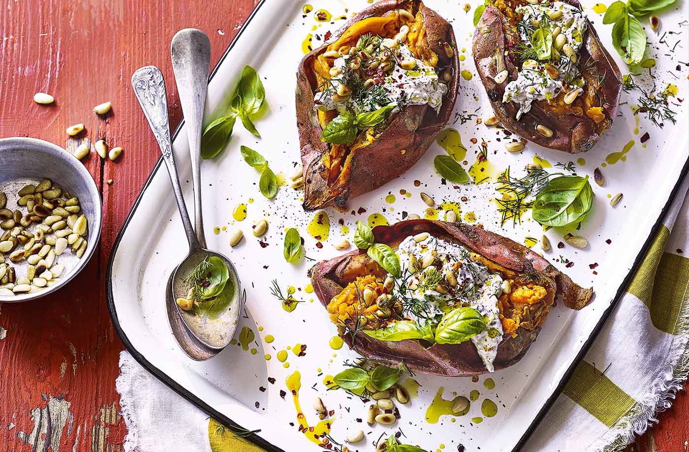 Charred sweet potatoes with tahini yogurt