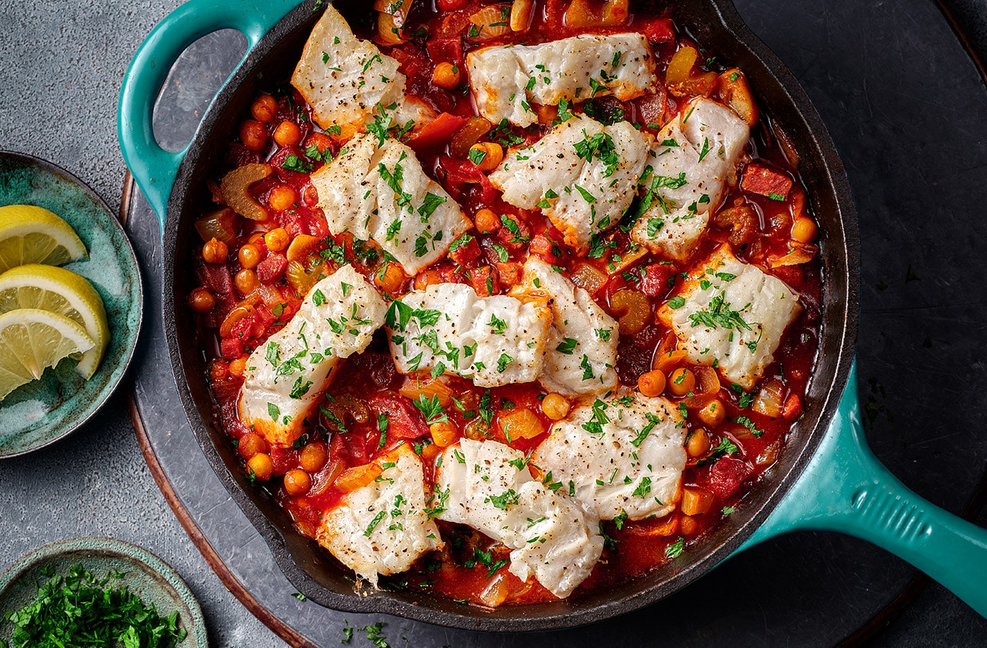 One-pan cod, chorizo and chickpea bake