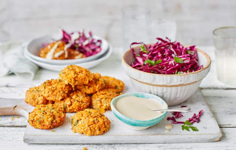 Lentil kofte with tahini sauce and red cabbage salad