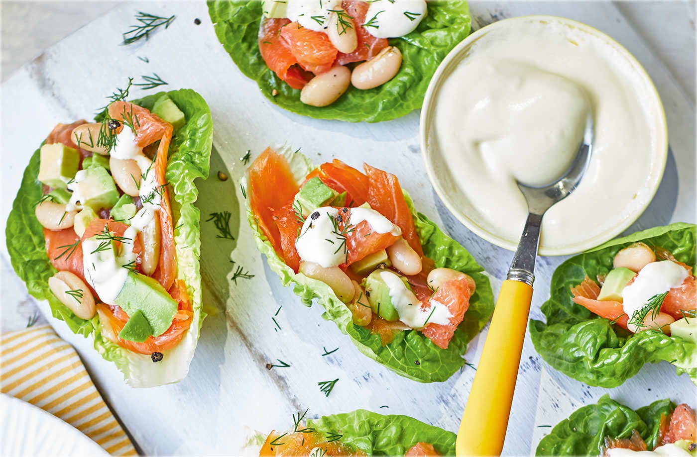 Smoked salmon, grapefruit and avocado lettuce cups