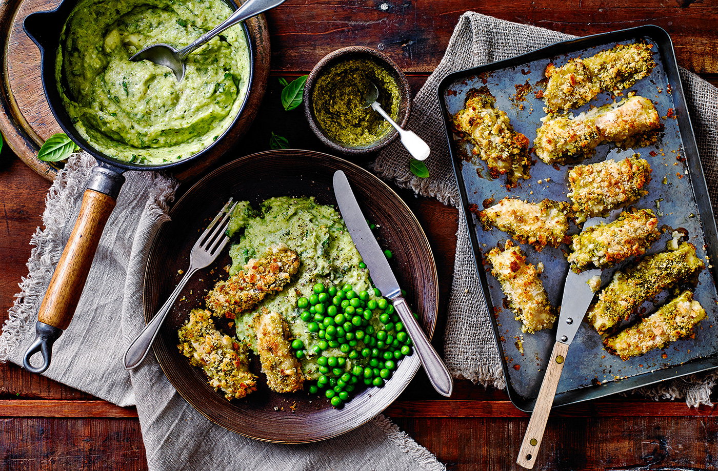 Pesto fish fingers with broccoli mash