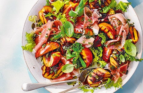 Image of "Griddled nectarine and ham salad with basil dressing"
