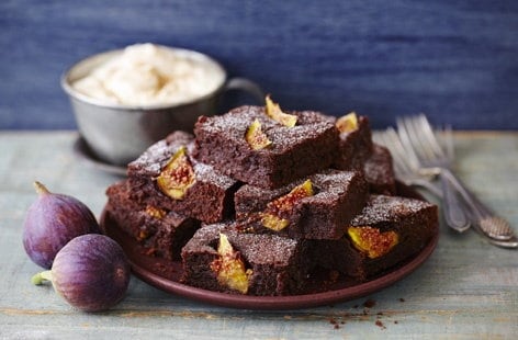 Image of "Chocolate and fig brownies with spiced crème fraîche"