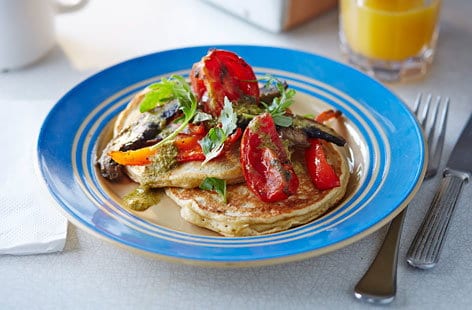 Image of "Buttermilk pancakes with roasted tomatoes, peppers and mushrooms"