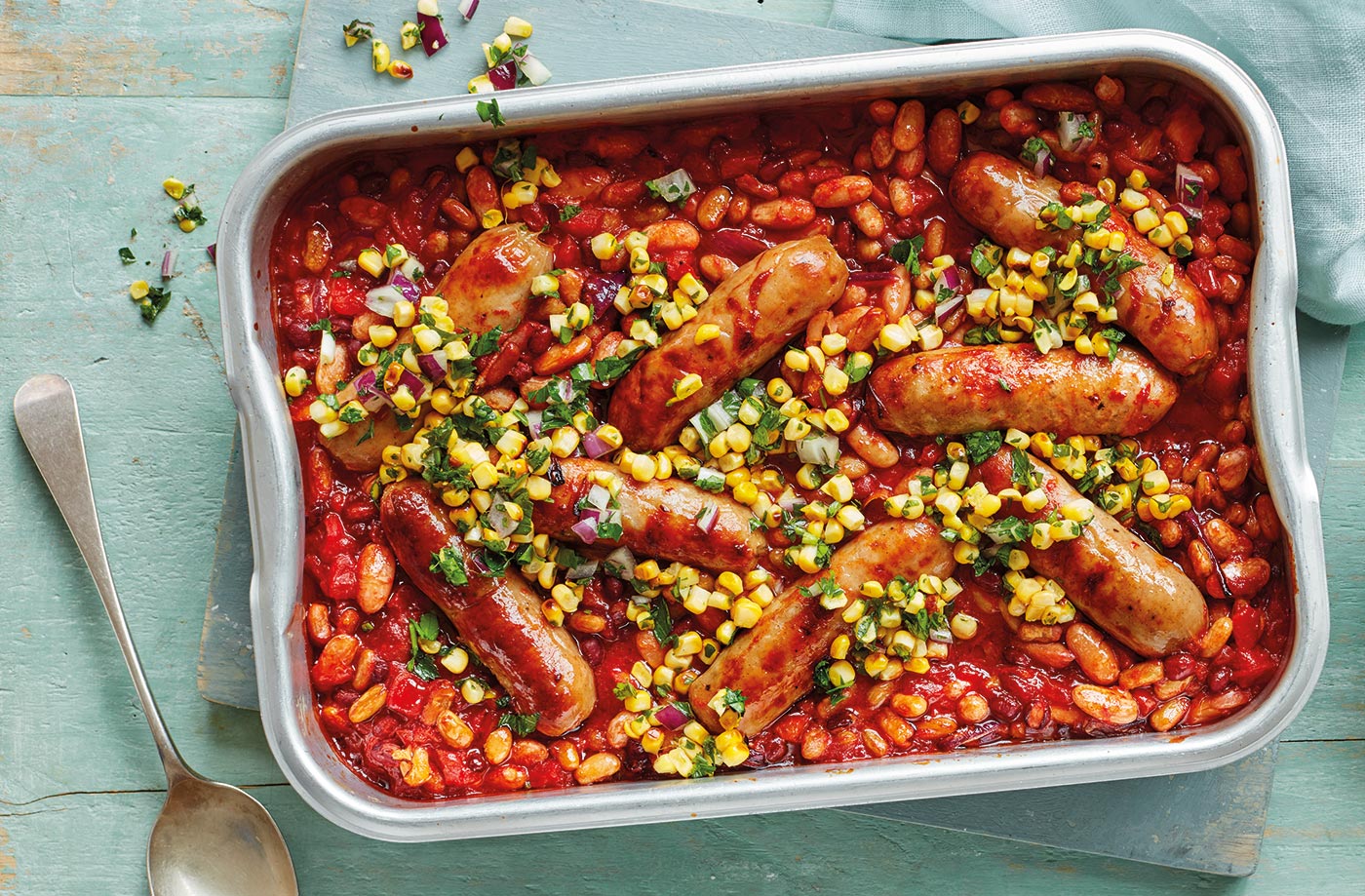 Barbecue sausage and mixed bean bake