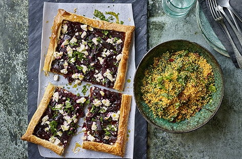Image of "Red onion, beetroot and cheese tart"