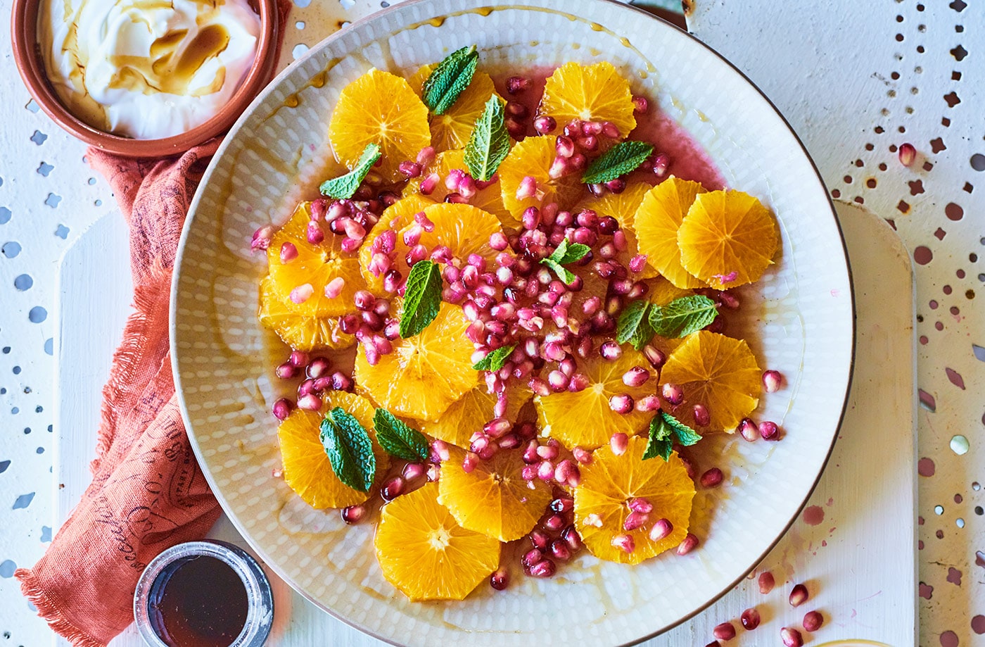 Oranges and pomegranate in sherry and cinnamon syrup