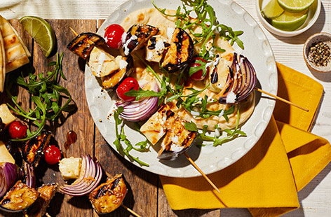 Image of "Miso aubergine and halloumi kebabs"