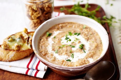 Image of "Mushroom, thyme and wild rice soup with Stilton and walnut croutes"