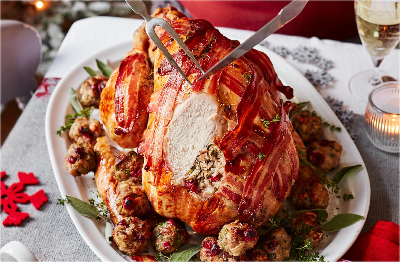 Turkey with maple butter, walnut-cranberry stuffing and juniper gravy