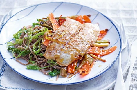 Image of "Miso fish with sesame noodles and greens"