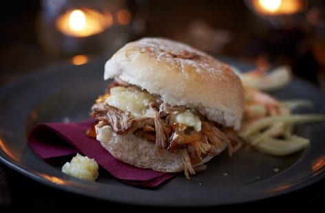 Pork with warm apple sauce and fennel coleslaw