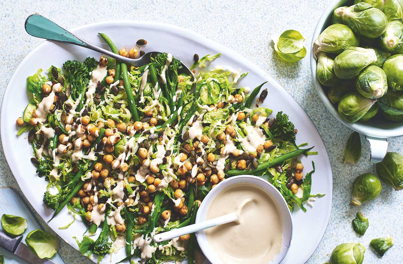 Shredded sprout and chickpea salad with maple-tahini dressing