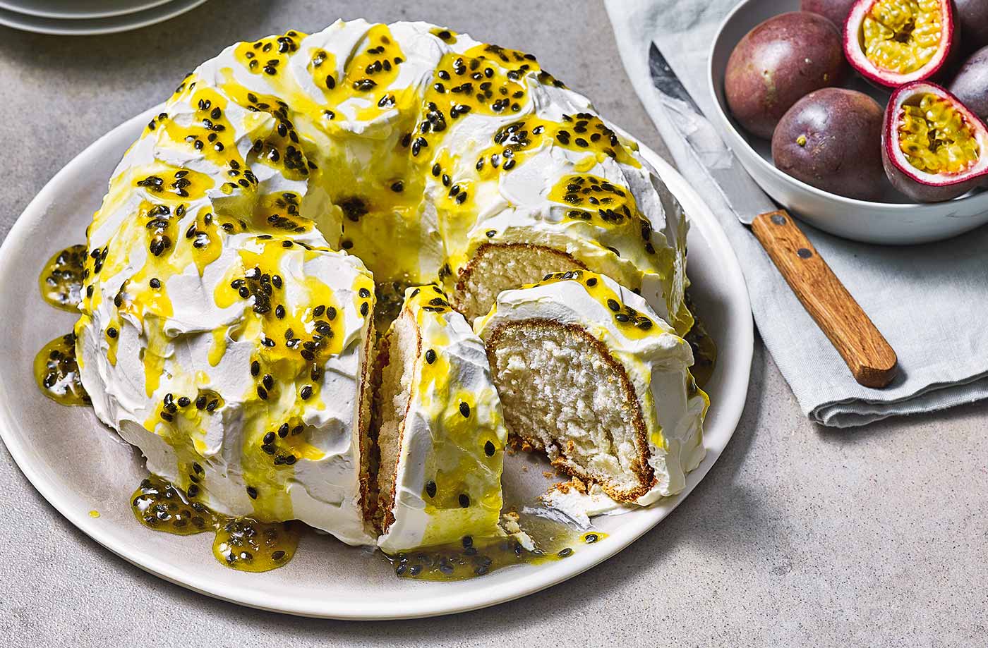 Orange angel food cake with passion fruit syrup