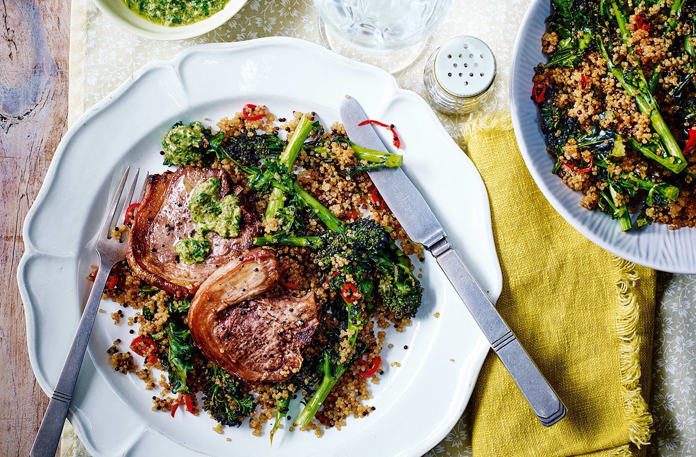 Grilled lamb chops with roasted broccoli, quinoa and salsa verde