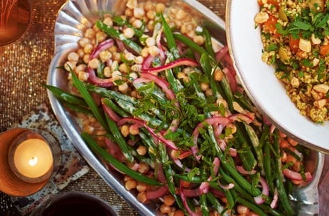 Image of "Green beans with chickpeas, red onion and cumin-spiced yogurt"