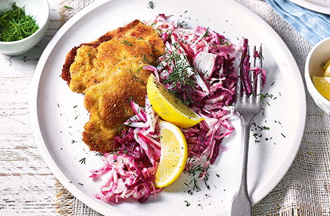 Image of "Pork schnitzels with beetroot slaw"