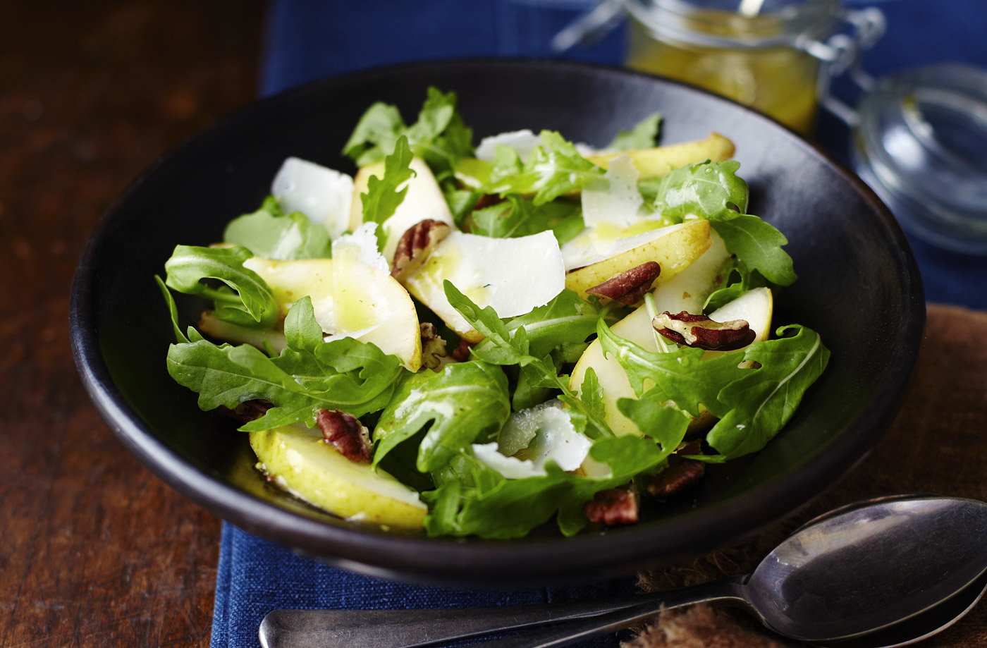 Tesco Finest shaved parmesan, pear, pecan and rocket salad with a honey-mustard dressing